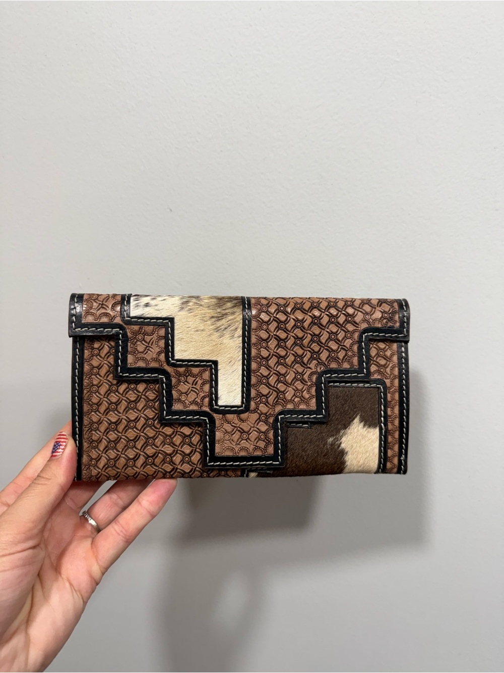 Cowhide Pattern Leather Wallet in Brown and Cream